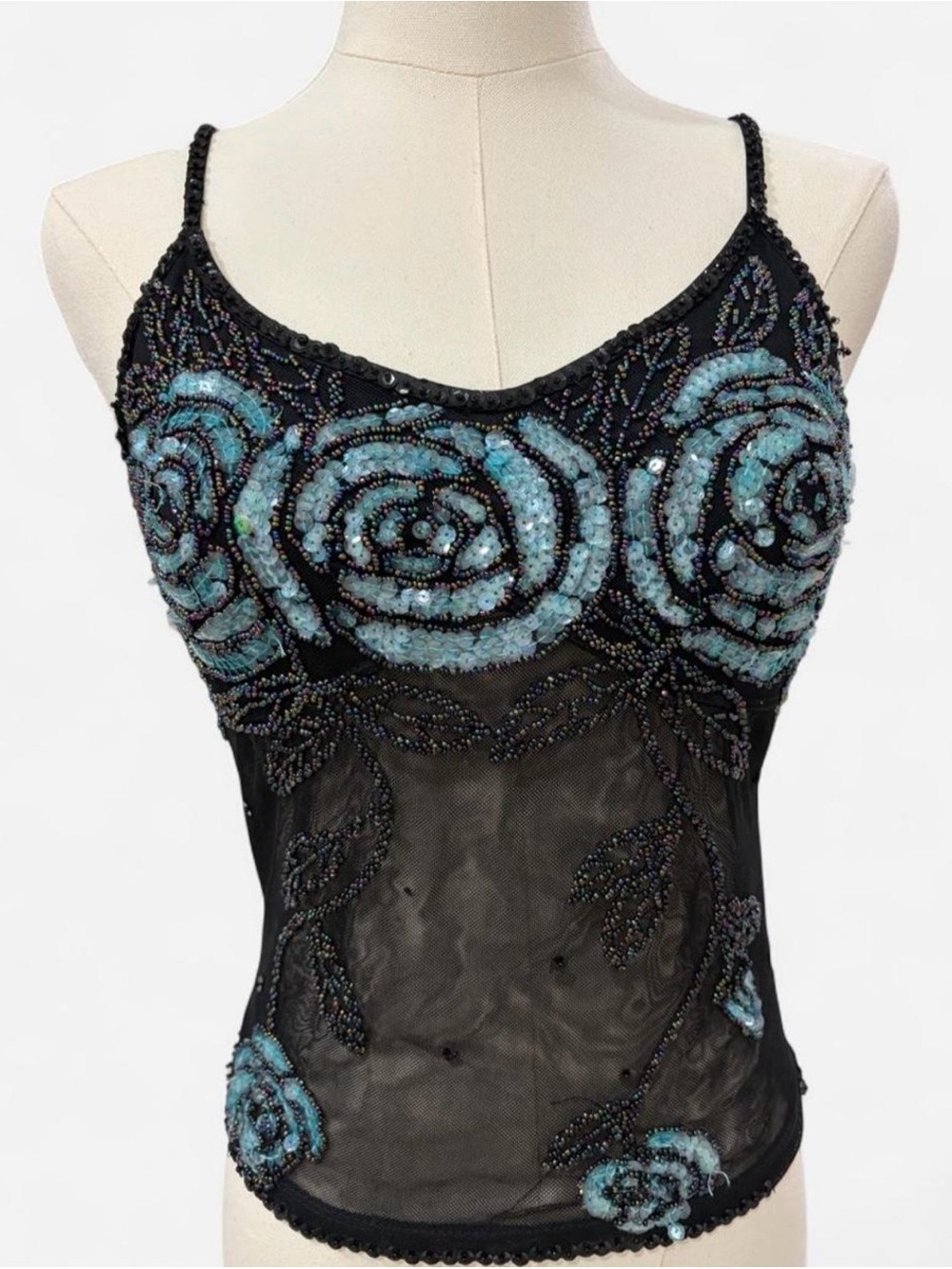 Cache Black Sheer Beaded Cami with Blue Rose Embellishments - Picture 2 of 6